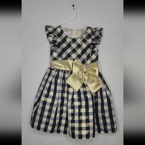 Little Girls Ruffled Short Sleeve Taffeta Plaid Gold Bow Dress Sz 5T